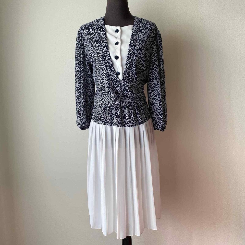 Jamie 12 Navy White Dress Long Sleeve Pleated Skirt‎ Geometric Print Vintage 80s